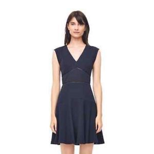 Rebecca Taylor Navy Blue Vneck Midi Crepe Lined Dress Short Cap Sleeves Size 0